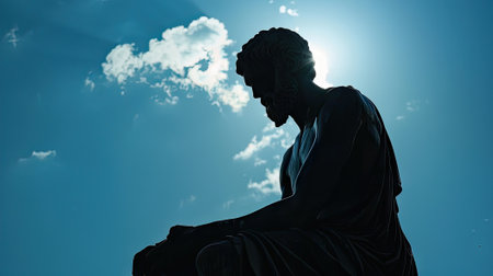 Towering against a blue sky, the statue of Aristotle embodies the timeless wisdom of ancient Greece. Invest in the legacy of intellect and philosophy.の素材