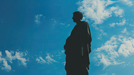 Towering against a blue sky, the statue of Aristotle embodies the timeless wisdom of ancient Greece. Invest in the legacy of intellect and philosophy.の素材