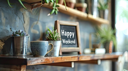Happy Weekend" adorns a blackboard atop a wooden shelf, inviting relaxation and joy. Embrace the weekend vibes and invest in leisure.の素材