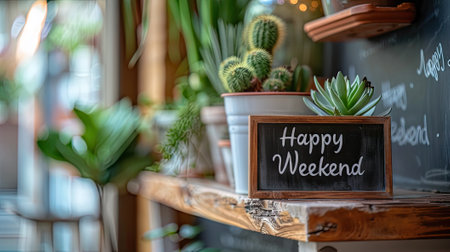 Happy Weekend" adorns a blackboard atop a wooden shelf, inviting relaxation and joy. Embrace the weekend vibes and invest in leisure.の素材