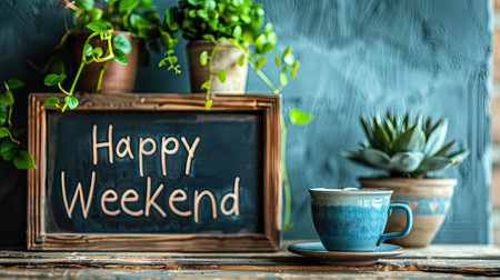 Happy Weekend" adorns a blackboard atop a wooden shelf, inviting relaxation and joy. Embrace the weekend vibes and invest in leisure.の素材