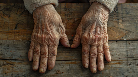 Weathered hands of wisdom rest on a wooden table, each line telling stories of a lifetime.の素材