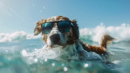 Catch waves of joy with a surfing dog sporting sunglasses, riding the surfboard at the ocean shore, epitomizing fun and adventure.の素材