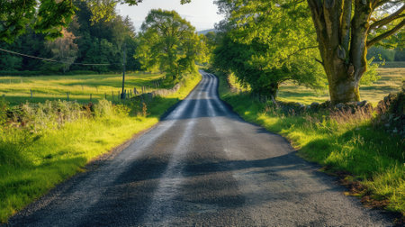 Explore the tranquil beauty of a winding country road, meandering through picturesque countryside, inviting an idyllic journeyの素材
