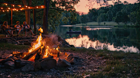 Embark on a summer wilderness adventure with a glowing campfire at dusk, casting a warm light to cherish nature's beauty and the starry night sky.の素材