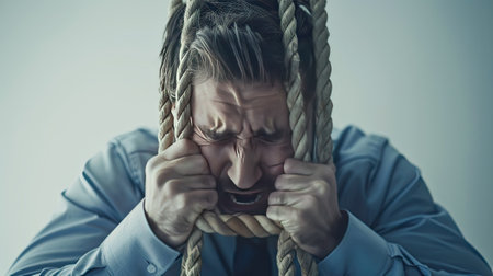 Experience the weight of corporate stress as a tied businessman struggles with worry, embodying the pressure of modern work life.の素材