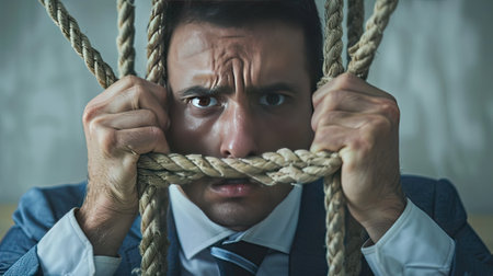 Experience the weight of corporate stress as a tied businessman struggles with worry, embodying the pressure of modern work life.の素材