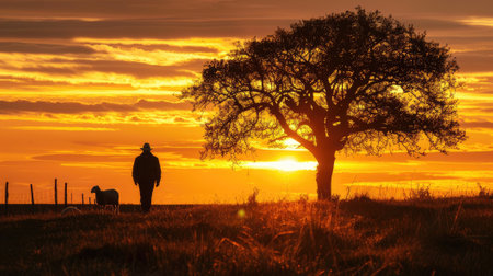 Behold the serene silhouette of a shepherd and sheep against the backdrop of a rural sunset, embodying the pastoral charm and tranquility of countryside life.の素材