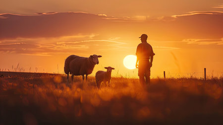 Behold the serene silhouette of a shepherd and sheep against the backdrop of a rural sunset, embodying the pastoral charm and tranquility of countryside life.の素材