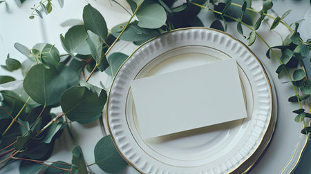 A serene scene unfolds: an elegant table adorned with eucalyptus branches, a blank card awaits your message, invoking love and sophistication.の素材