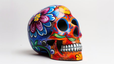 a vibrant painted skull celebrates the Mexican Day of the Dead, honoring ancestors with colorful symbolism.の素材