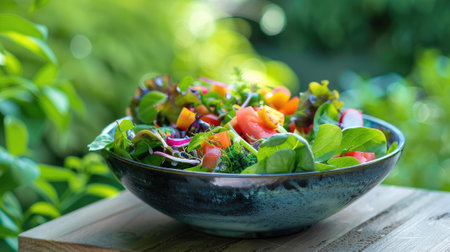 Full bowl of fresh salad on wooden table with blur bokeh background, evoking appetite and freshness.の素材