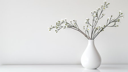 Elegance in simplicity: White vase holds delicate flowers on white, emanating serenity and minimalist beauty.の素材