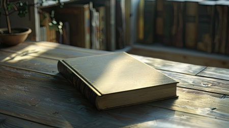 mockup of a blank book lying flat on a wooden table. Showcase the simplicity and elegance of the design, inviting viewers to imagine their own story withinの素材
