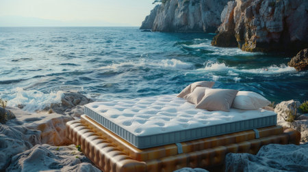 essence of coastal luxury with a product shoot featuring a white and blue mattress on a leather bed frame on the beachの素材