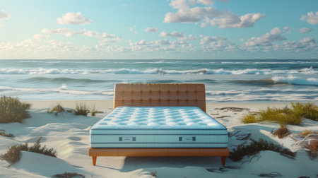 essence of coastal luxury with a product shoot featuring a white and blue mattress on a leather bed frame on the beachの素材