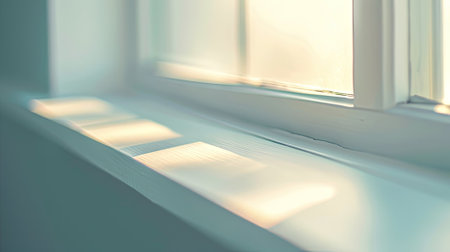 serene beauty of a white windowsill bathed in evening light, creating a cool tone. Focus on the smooth, unblemished surface, evoking a tranquil ambience in this close-up shotの素材