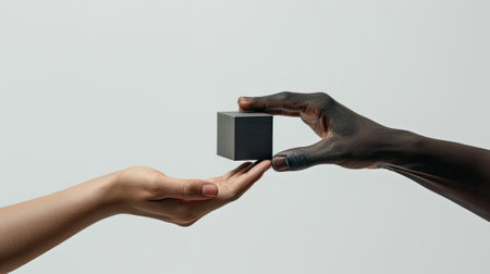 moment of giving and receiving with a black hand receiving and handing over a small box on a white backgroundの素材