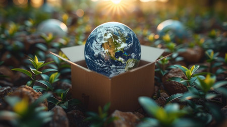 Visualize global delivery with planet Earth encased in a package box. Symbolizing worldwide logistics and environmental responsibility for a sustainable future.の素材