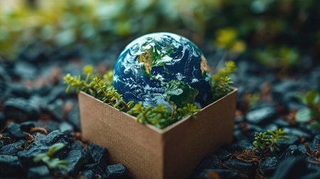 Visualize global delivery with planet Earth encased in a package box. Symbolizing worldwide logistics and environmental responsibility for a sustainable future.の素材