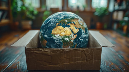 Visualize global delivery with planet Earth encased in a package box. Symbolizing worldwide logistics and environmental responsibility for a sustainable future.の素材