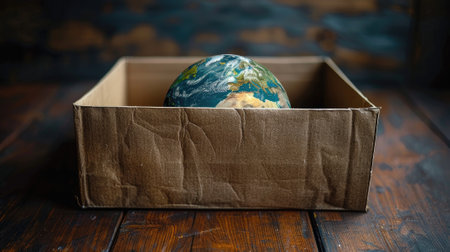 Visualize global delivery with planet Earth encased in a package box. Symbolizing worldwide logistics and environmental responsibility for a sustainable future.の素材