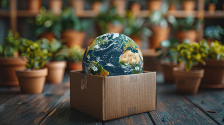 Visualize global delivery with planet Earth encased in a package box. Symbolizing worldwide logistics and environmental responsibility for a sustainable future.の素材