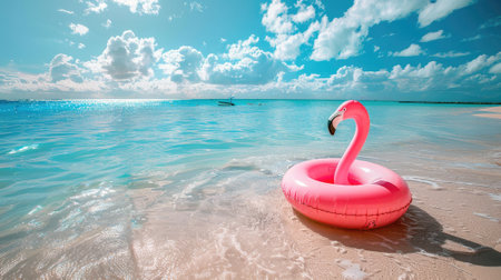 Inflatable pink flamingos on the deserted sand beach.の素材