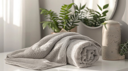 Experience the serene ambiance of a modern minimalist bathroom, where a woman in a gray towel indulges in self-care amidst plush towels, a mirror, and a vibrant plant. Elevate your relaxation today!の素材