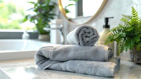 Experience the serene ambiance of a modern minimalist bathroom, where a woman in a gray towel indulges in self-care amidst plush towels, a mirror, and a vibrant plant. Elevate your relaxation today!の素材