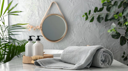 Experience the serene ambiance of a modern minimalist bathroom, where a woman in a gray towel indulges in self-care amidst plush towels, a mirror, and a vibrant plant. Elevate your relaxation today!の素材