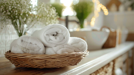 Wicker basket with white towels on table in bathroom. Space for textの素材