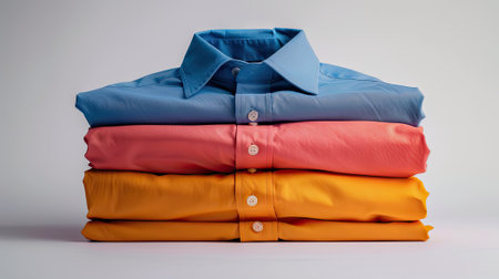 crisp shirts in varied colors, neatly arranged against a clean white backdrop.の素材