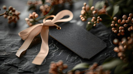 chic hangtag mockup featuring an off-white ribbon and golden accents.の素材