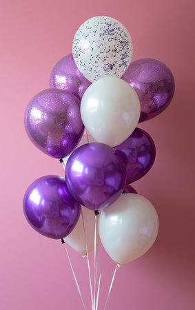 purple and white foil balloons against a pastel background.の素材