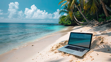 enticing visual of a laptop against a scenic beach backdrop, epitomizing the freedom and relaxation of digital nomad lifestyle amidst vacation.の素材