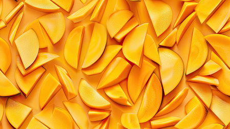 sliced mangoes in a detailed top-view pattern, showing their natural beauty and inviting viewers to indulge in their sweet, tropical flavor.の素材