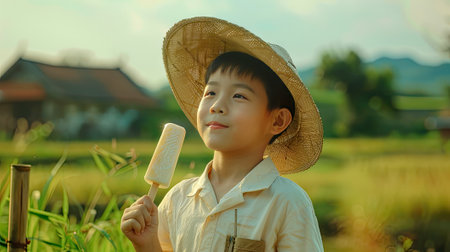 erene beauty of Kuang Kuang's pasture under a blue sky, as he enjoys a milk popsicle, offering a refreshing summer scene.の素材