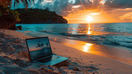 enticing visual of a laptop against a scenic beach backdrop, epitomizing the freedom and relaxation of digital nomad lifestyle amidst vacation.の素材