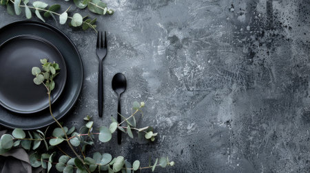 Stylish table setting with cutlery and eucalyptus leaves, creating an aesthetic dining ambiance. Top view.の素材