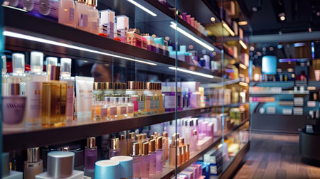 Modern beauty salon interior. Different cosmetics on shelves.の素材