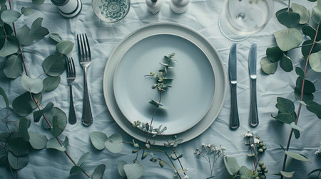 Stylish table setting with cutlery and eucalyptus leaves, creating an aesthetic dining ambiance. Top view.の素材