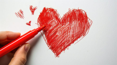 Symbol of love: Heart drawn with red marker on white background, conveying deep emotion and affection. Perfect for romantic gesturesの素材