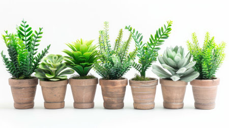 Botanical charm: Set of lifelike artificial plants in flower pots, perfect for adding greenery to any space. Isolated on whiteの素材