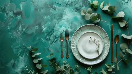 Stylish table setting with cutlery and eucalyptus leaves, creating an aesthetic dining ambiance. Top view.の素材