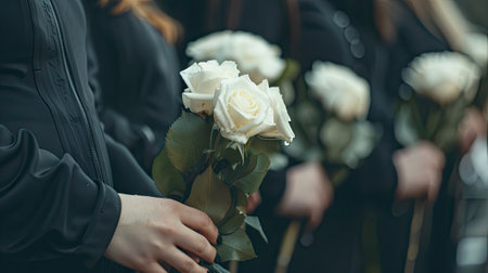 Closeup of people in black attire holding white rose flowers at a funeral ceremony, honoring loss and offering condolencesの素材