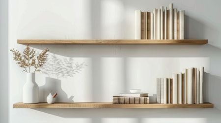 Hardcover books on wooden shelf near white wall, creating a cozy reading nook. Perfect for book lovers!の素材