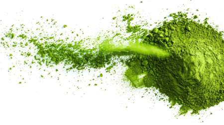 Top view of green matcha powder, a culinary essential for healthy cooking and vibrant beverages. Isolated on white.の素材