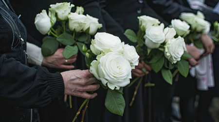 Closeup of people in black attire holding white rose flowers at a funeral ceremony, honoring loss and offering condolencesの素材