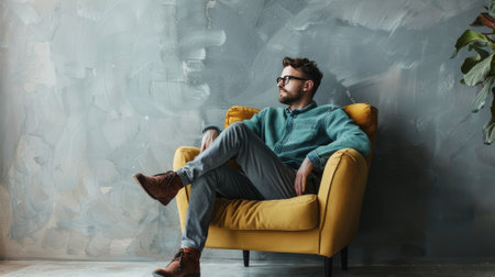 Stylish man enjoys calm moment in cozy armchair by light gray wall, epitomizing modern comfort and urban relaxation.の素材